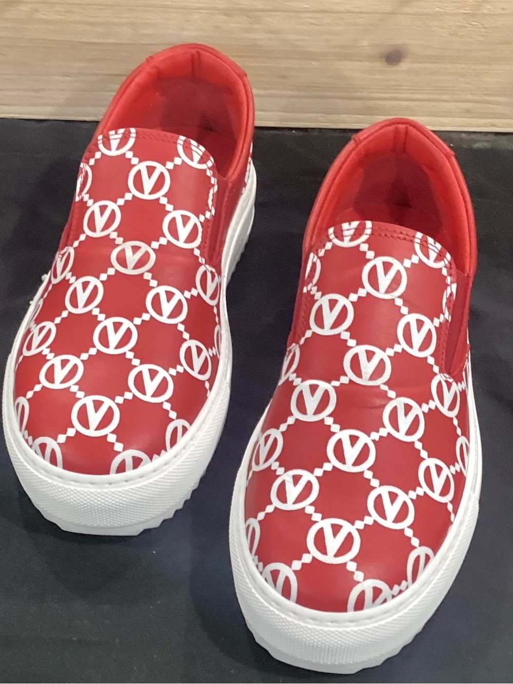 Valentino Red and White Logo Slip-On Platform Sneakers